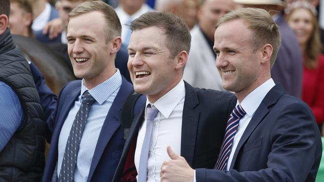 NCA. MELBOURNE. Champion Stakes Day at Flemington Racecourse on November 09, 2024 in Melbourne, Australia.   Race 7.  The VRC Champions Mile.   JD, Ben and Will Hayes with Mr Brightside  .  Picture: Michael Klein