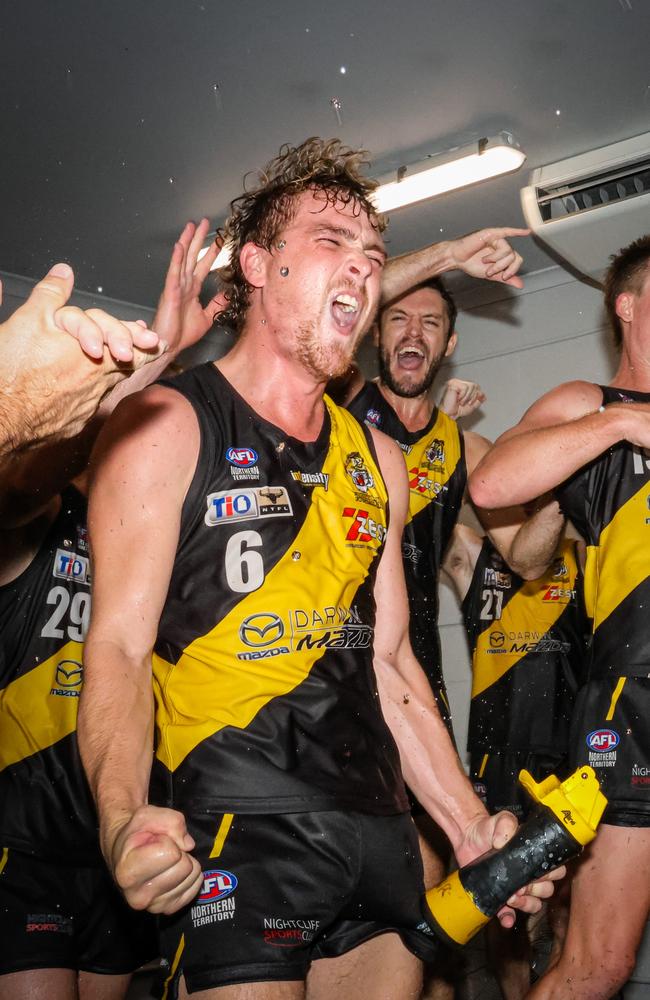 Brett Kennedy celebrates a win with the Nightcliff Tigers in the 2023-24 NTFL season. Picture: Celian Whan / AFLNT Media