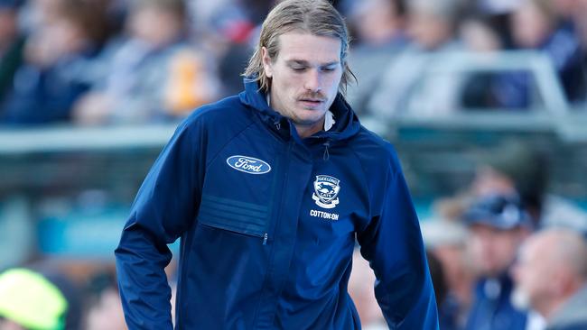 Tom Stewart was in a moon boot at the end of the Geelong v Brisbane game. Picture: Getty