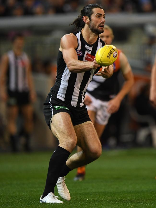 Magpie ruckman Brodie Grundy against the Greater Western Sydney (GWS) in  the second semi-final at the MCG. Picture: Julian Smith/AAP