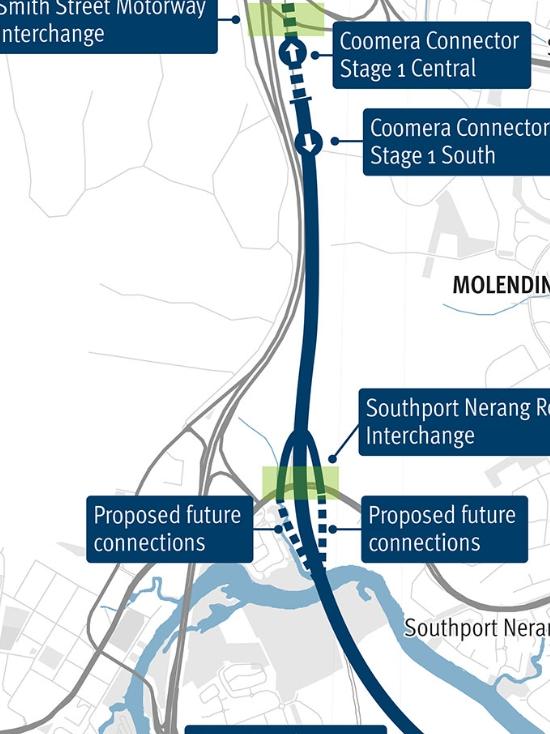 Map showing Stage One of the Coomera Connector, from the South section to Central.