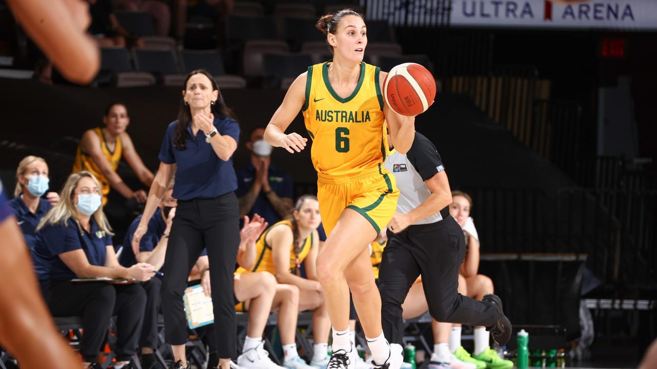 Stephanie Talbot #6 of the Australia Women's National Team handles the ball during the game against the USA Basketball Womens National Team. (Photo by Ned Dishman/NBAE via Getty Images)