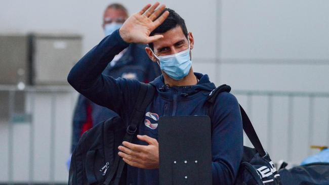 Tennis player Novak Djokovic arrives at Adelaide Airport on Thursday night. Picture: Brenton Edwards / AFP