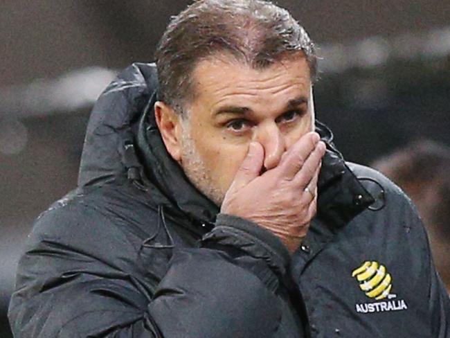 MELBOURNE, AUSTRALIA - SEPTEMBER 05:  Socceroos head coach Ange Postecoglou looks nervous during the 2018 FIFA World Cup Qualifier match between the Australian Socceroos and Thailand at AAMI Park on September 5, 2017 in Melbourne, Australia.  (Photo by Michael Dodge/Getty Images)