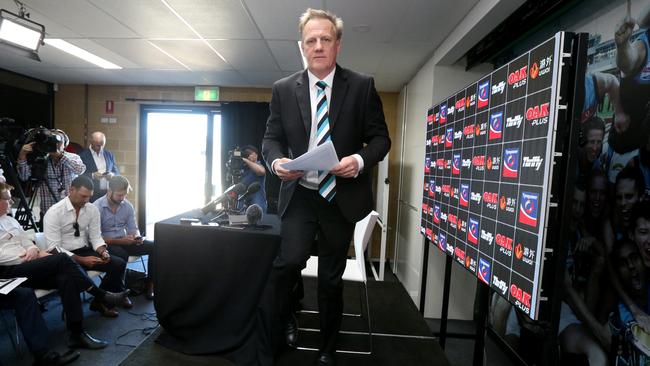 Port Adelaide chief executive Keith Thomas speaks on the Sam Powell-Pepper issue at a press conference at Alberton. Picture: Kelly Barnes