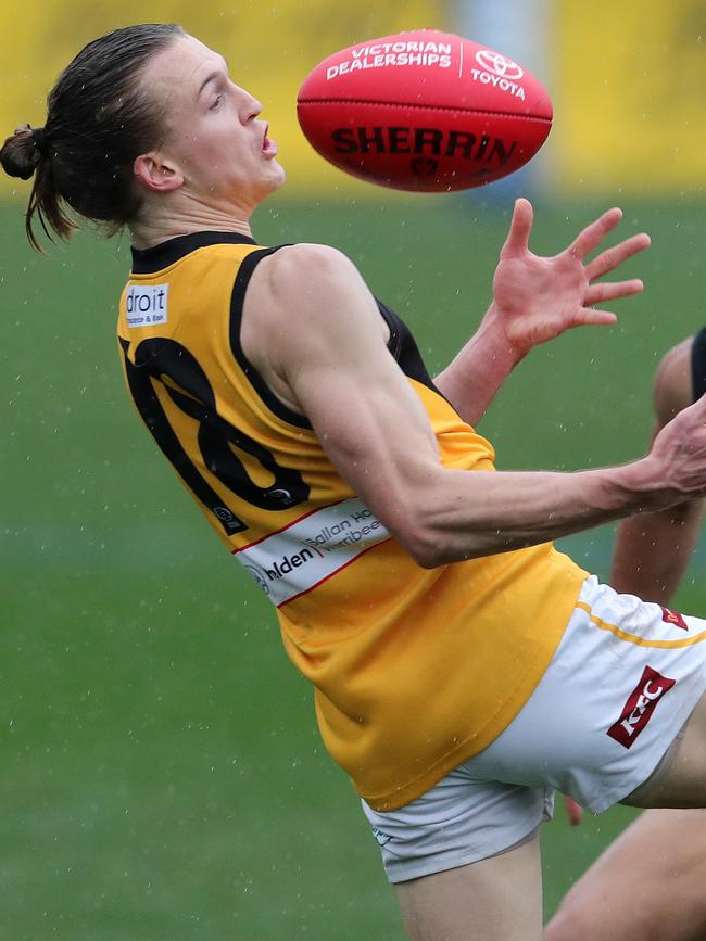 Ryan Hebron juggles the mark for Werribee. Picture: Michael Klein