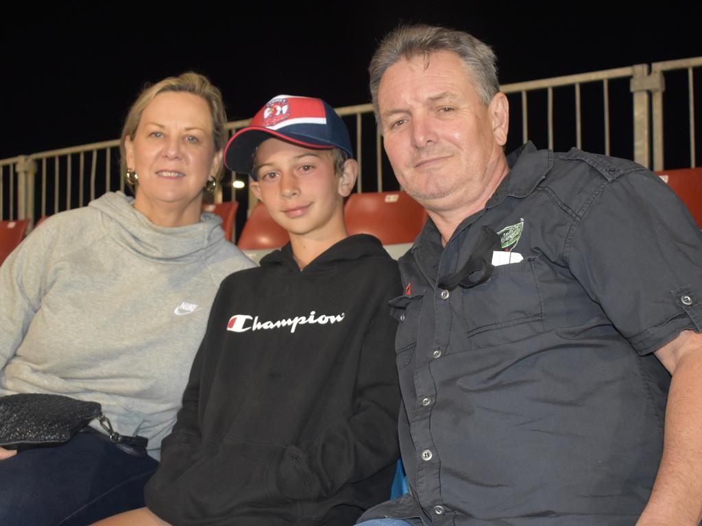 Brenda Witt (left), Kian Steyn and Bradley Witt at the Manly Sea Eagles v Sydney Roosters NRL semi final match at BB Print Stadium, Mackay, September 17, 2021. Picture: Matthew Forrest