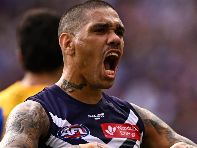 PERTH, AUSTRALIA - APRIL 02: Michael Walters of the Dockers celebrates a goal during the 2023 AFL Round 03 match between the Fremantle Dockers and the West Coast Eagles at Optus Stadium on April 2, 2023 in Perth, Australia. (Photo by Daniel Carson/AFL Photos via Getty Images)