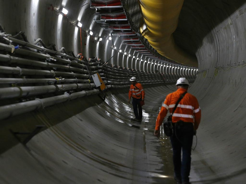 Underground in the North West Rail Link tunnel near Bella Vista. The North West Rail Link is underway and TBM Elizabeth has cut through 1092metres of earth travelling East from Bella Vista. Picture: Bradley Hunter