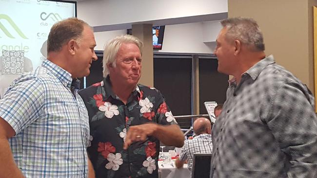 Retired rugby league stars Paul Sironen and Steve Blocker Roach hear Jeff Thomson talk about his heroics on the pitch during the event, at Club Menangle. Picture: Luisa Cogno