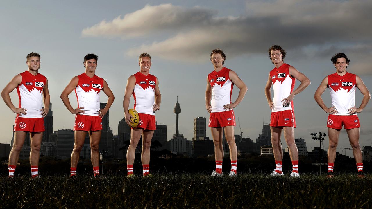 Home grown Sydney Swans players who have all come through the Swans Academy. Braeden Campbell, Sam Wicks, Isaac Heeney, Callum Mills, Nick Blakey and Errol Gulden. Photo: Phil Hillyard.