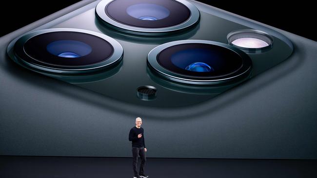 Apple CEO Tim Cook launches the iPhone 11. Picture: AFP