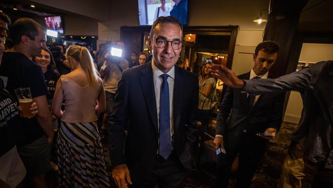 Premier Steven Marshall with Liberal Party supporters at Norwood on state election night. Picture: Tom Huntley