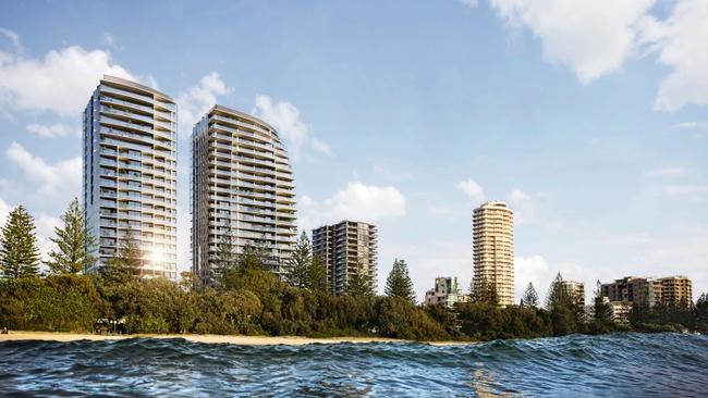 View from the water of the twin tower development approved for Burleigh on the Gold Coast.