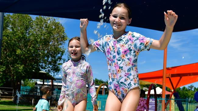 Murphy Wolthers and Isla Wolthers enjoys their school holidays at the Leanyer Recreation Water Park, Darwin. Picture: Pema Tamang Pakhrin