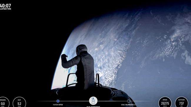 US fintech billionaire Jared Isaacman peeks out to space from a hatch structure called “Skywalker”, during the first private spacewalk. picture: Polaris Program/AFP