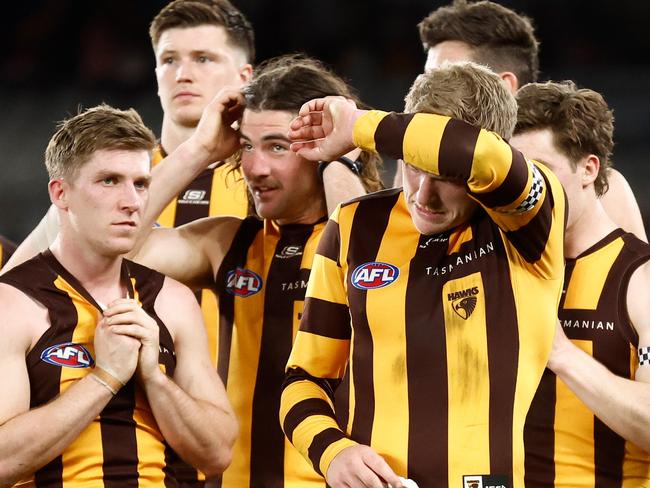 MELBOURNE, AUSTRALIA - JULY 30: James Sicily of the Hawks looks dejected after a loss during the 2023 AFL Round 20 match between the Hawthorn Hawks and the St Kilda Saints at Marvel Stadium on July 30, 2023 in Melbourne, Australia. (Photo by Michael Willson/AFL Photos via Getty Images)