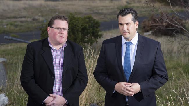 Federal Housing Minister Michael Sukkar, right, and director of housing services at CatholicCare Ben Wilson during Mr Sukkar’s visit to Hobart on June 20.