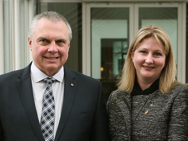 Xenophon Team Senators Skye Kakoschke-Moore and Stirling Griff  with MP Rebekha Sharkie and Senator Nick Xenophon after a press conference at Parliament House in Canberra. Picture Kym Smith