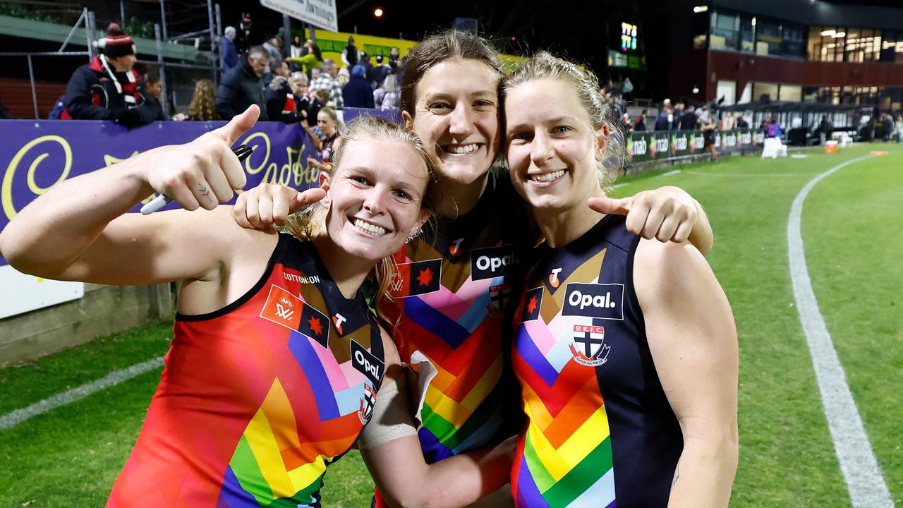 St Kilda defender Serene Watson (left) says she’s here to stay after arriving from Gold Coast with very little knowledge of Saints coach Nick Dal Santo. Picture: Michael Willson / Getty Images