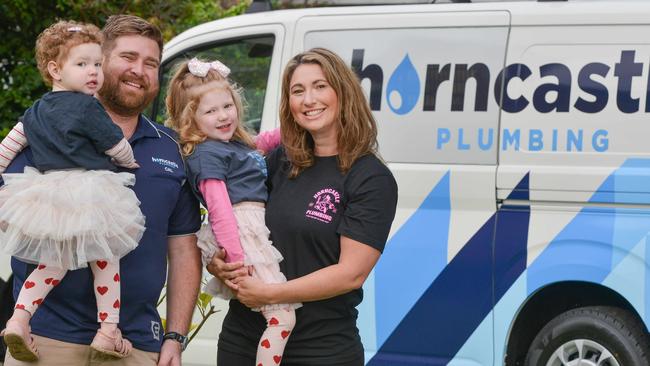 ADELAIDE, AUSTRALIA - AUGUST 11, 2023: Best Plumber Cal Horncastle of Horncastle Plumbing with his wife Ilse and daughters Nina 3 and Nellie 18 months. Picture: Brenton Edwards