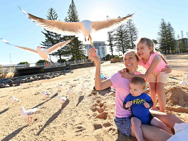 20/05/2021 : Melissa Gray and her daughter Bella 5 and son Paxton 1, feed the seagulls hot chips, on the seafront at Redcliffe near the jetty, north of Brisbane. All of MelissaÃ¢â¬â¢s extended family are residents of the Redcliffe peninsular, and Melissa has lived here all of her life too. Pic Lyndon Mechielsen/The Australian