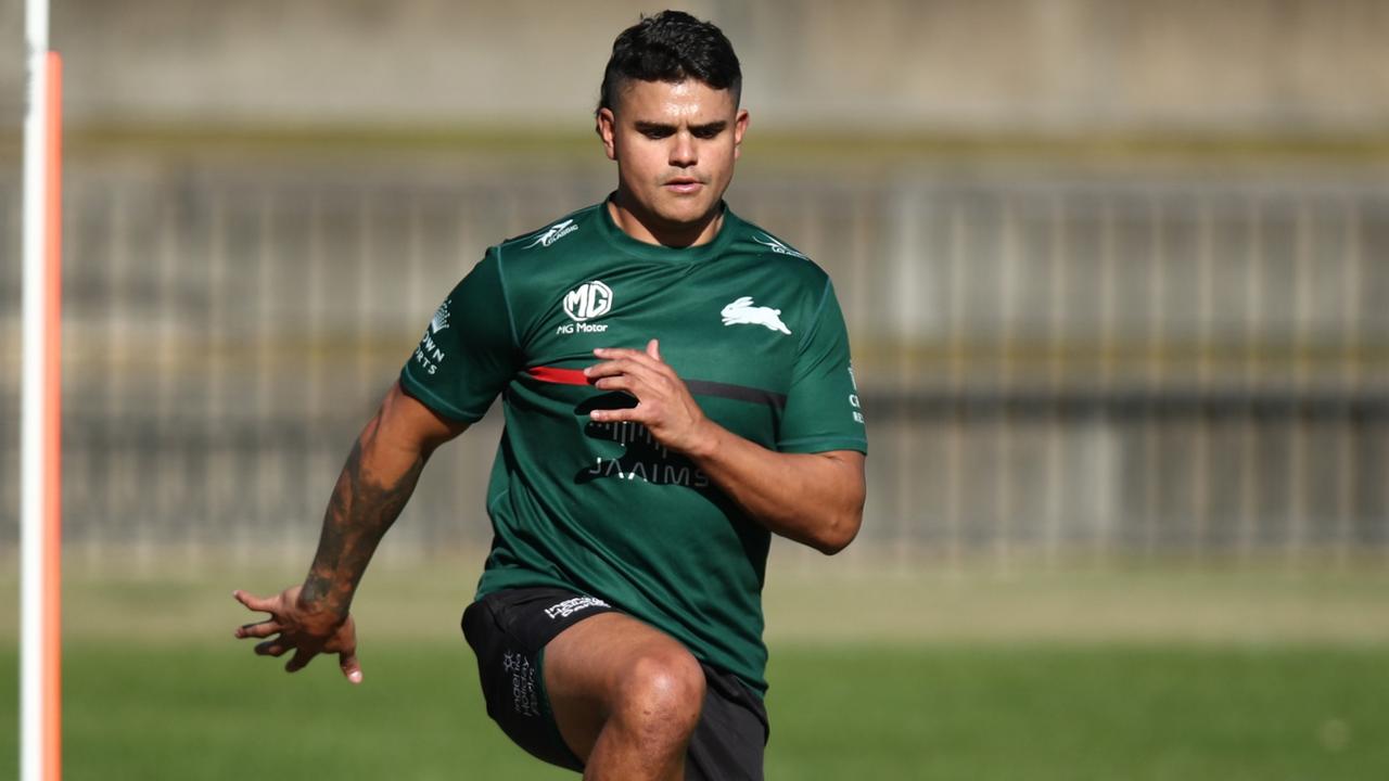 SYDNEY, AUSTRALIA - JUNE 13: Latrell Mitchell of the Rabbitohs during a South Sydney NRL training session at Redfern Oval on June 13, 2022 in Sydney, Australia. (Photo by Jason McCawley/Getty Images)