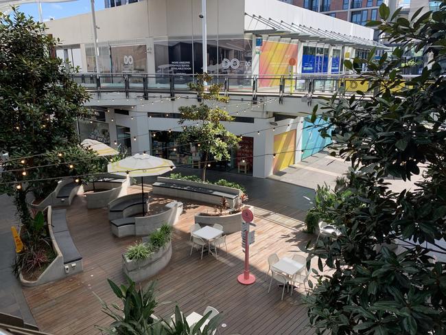 A deserted Docklands seating area during the summer holidays. Picture: Tia Clarkson-Pascoe