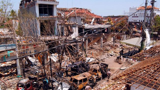 The blast site after the bombings in Denpasar, Bali, on October 12, 2002. Picture: Getty Images