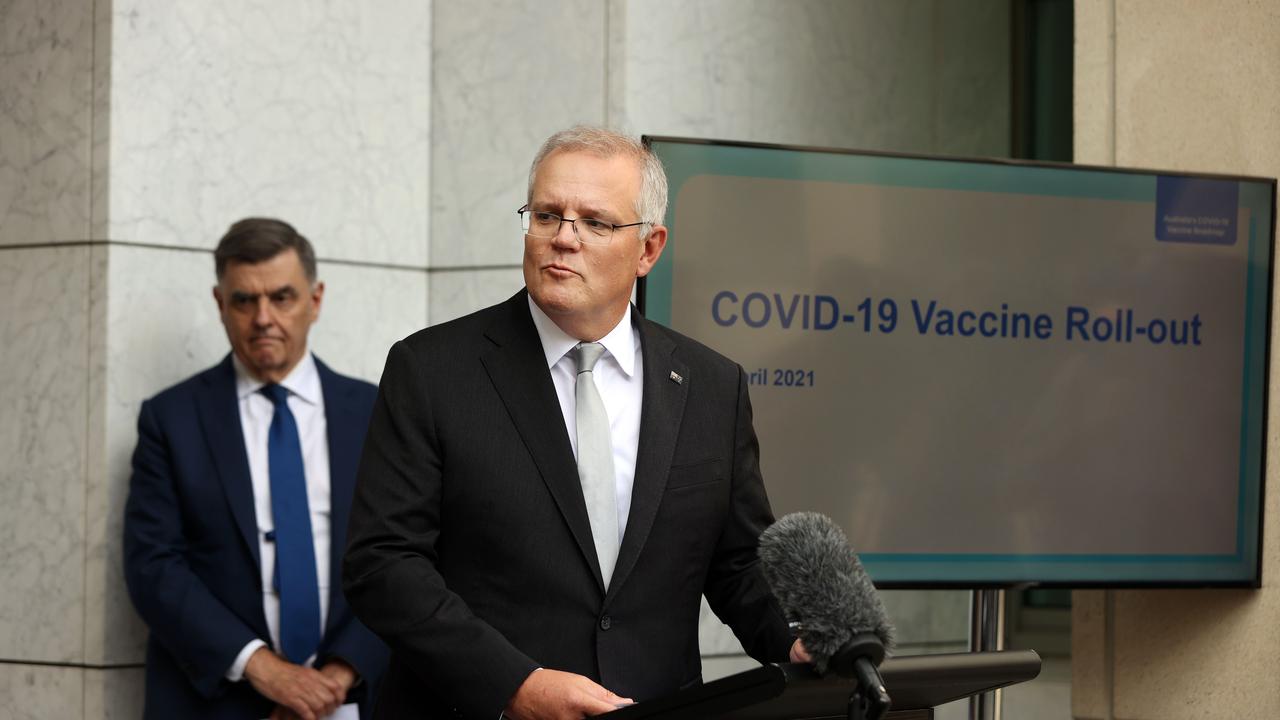 Mr Morrison backtracked on his "not a race" comments, claiming he and Secretary of the Department of Health Brendan Murphy were discussing not rushing to approve the vaccine. Picture: NCA NewsWire/Gary Ramage