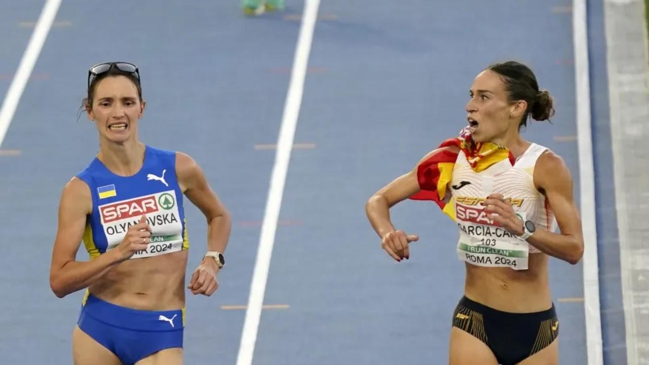 Her premature celebrations were cut short by Ukrainian Lyudmyla Olyanovska. Credit: Getty