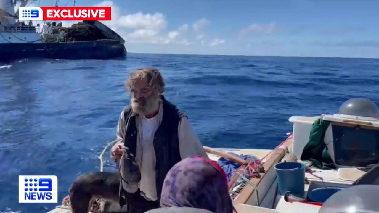 Mr Shaddock survived off raw fish, rainwater, and avoided sunburn by sheltering under a canopy on the catamaran. Picture: Nine News