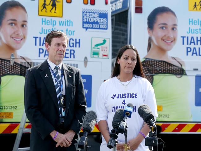 Superintendent Dave Hutchinson and Tiahleigh’s biological mother Cyndi Palmer appeal for information. Picture: Liam Kidston