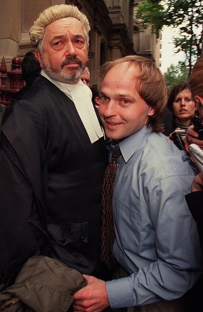 Greg Domaszewicz, with lawyer Colin Lovitt, after he was acquitted of Jaidyn Leskie’s murder in December 1998.