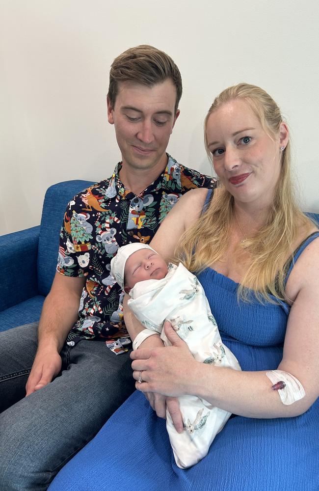 Candice and Rhys Brimblecombe with newborn baby Theo at the Royal Hobart Hospital. Picture: Bridget Clarke