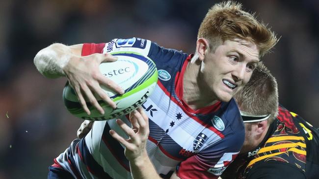 HAMILTON, NEW ZEALAND - MAY 21: Nic Stirzaker of the Rebels is tackled by Sam Cane of the Chiefs during the round 13 Super Rugby match between the Chiefs and the Rebels at FMG Stadium on May 21, 2016 in Hamilton, New Zealand. (Photo by Phil Walter/Getty Images)