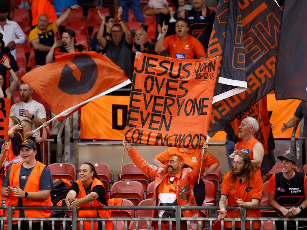 Giants fans celebrate during the 2024 AFL Opening Round match. Picture: Michael Willson/AFL Photos via Getty Images.