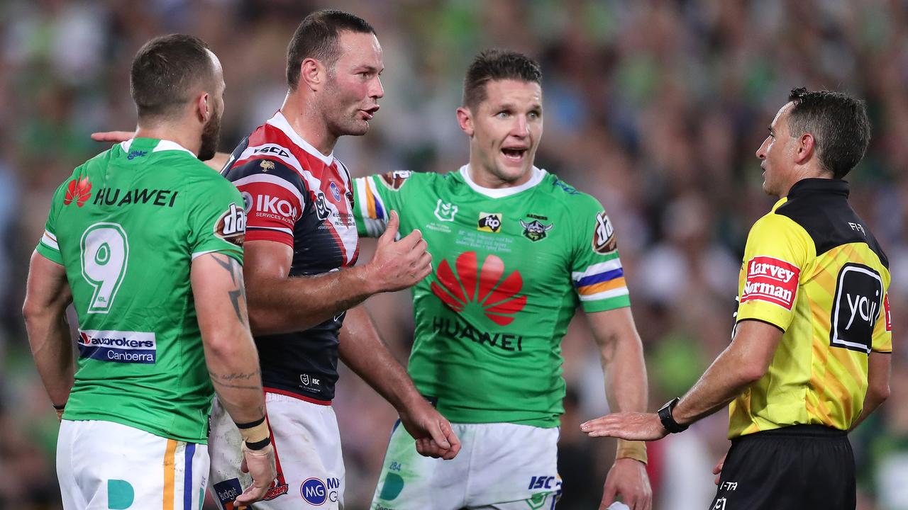 Josh Hodgson, Boyd Cordner and Jarrod Croker appeal to referee Gerard Sutton during the 2019 Grand Final.