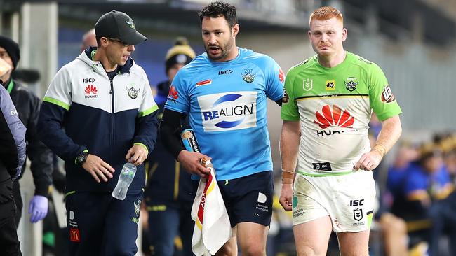 Full of emotion, Corey Horsburgh was forced off the field after coming up against Ryan Matterson. Picture: Getty Images.