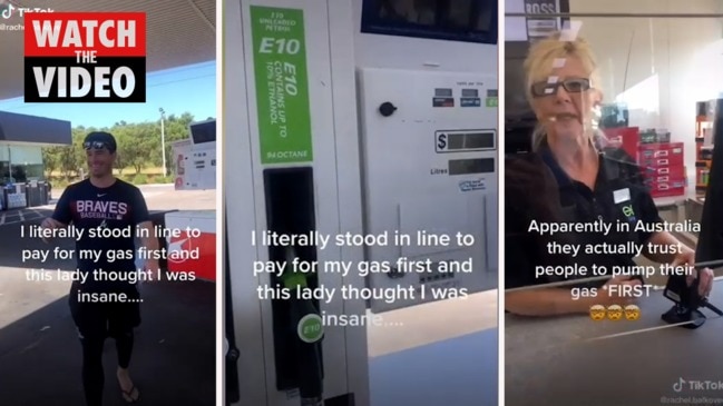 American woman learns how petrol stations work in Australia