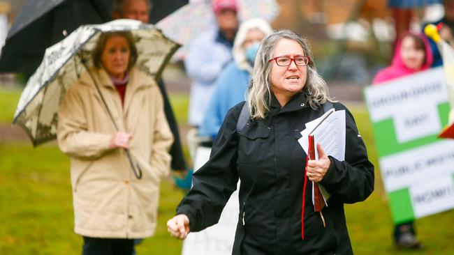 WRAP president Linda Poulton leads a “No prison” chant at a community meeting regarding the Government's new preferred prison site at Bushy Rivulet. Picture: PATRICK GEE