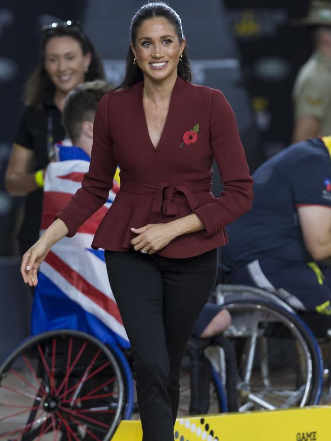 Meghan, the Duchess of Sussex, during the medal presentation at the Wheelchair Basketball Final at the Invictus Games in Sydney. Picture: AAP/Craig Golding