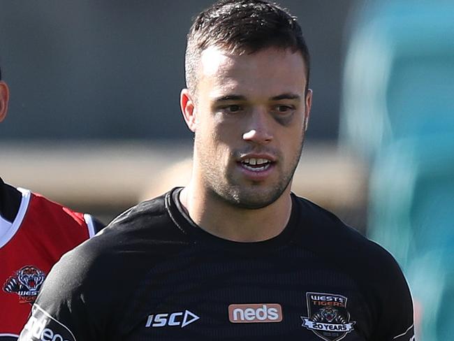 Benji Marshall and Luke Brooks during Wests Tigers NRL training at Leichhardt Oval, Sydney. Picture: Brett Costello