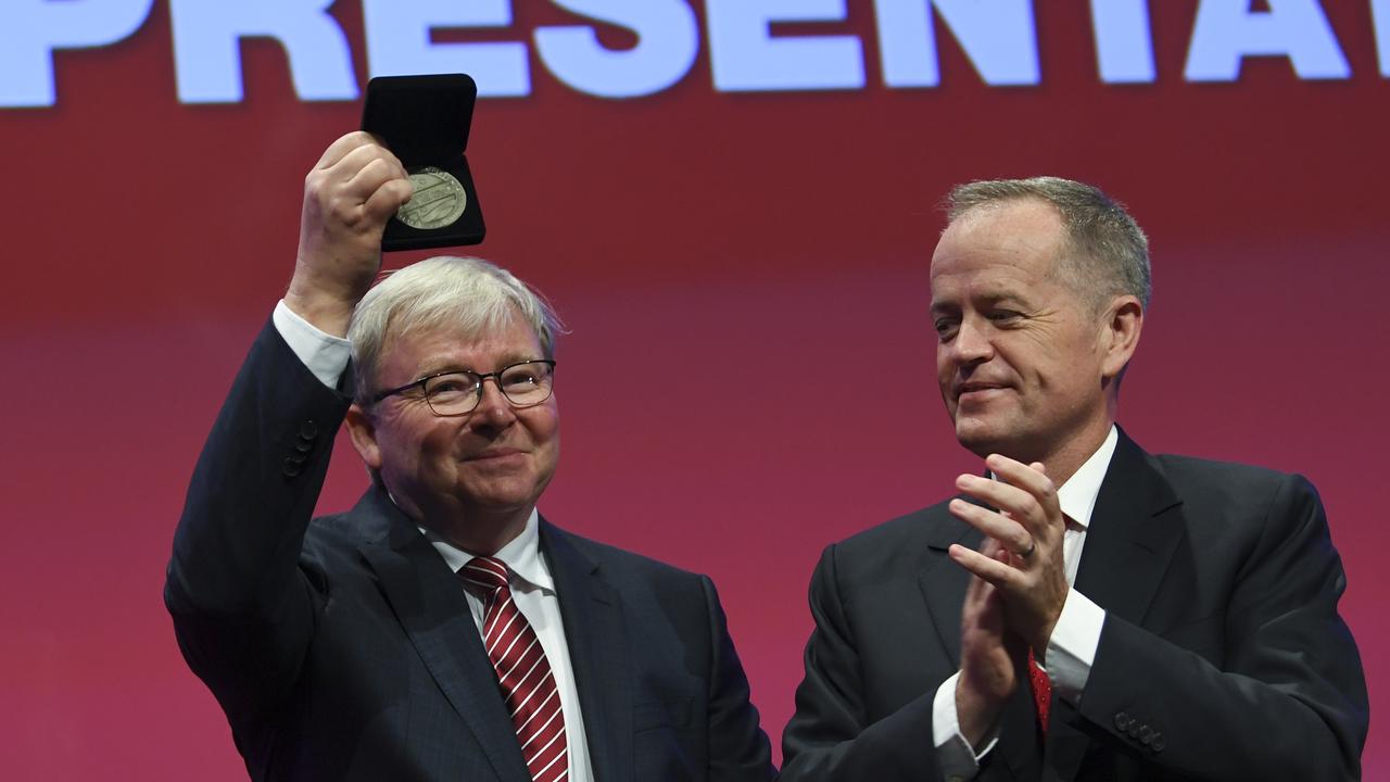 Former Prime Minister Kevin Rudd and Mr Shorten in 2018. Picture: Lukas Coch