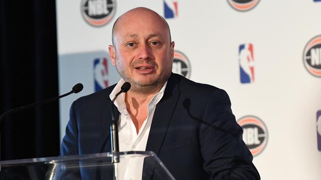 Larry Kestelman, NBL owner and executive chairman addresses the media during a press conference to announce the details of games between NBL and NBA teams during this year's NBA Preseason. Picture: AAP Image