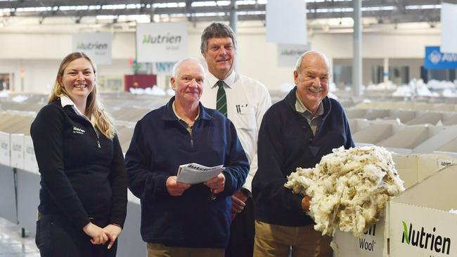 Shannon Porter and Terry Hayward with Ted Wilson and Bruce Zeuschner at the wool auctions this week. Picture: Zoe Phillips