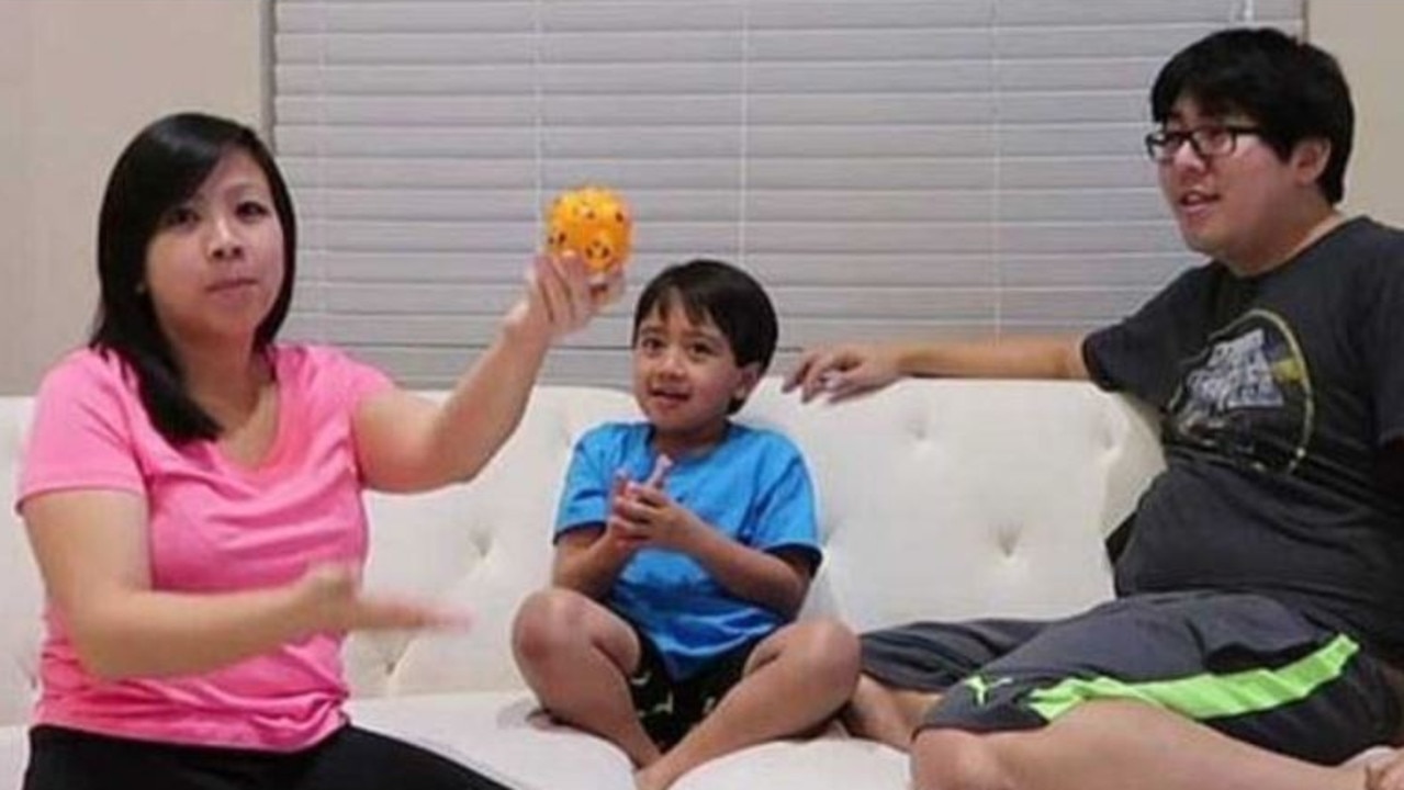 Ryan Kaji, with mum Loann and dad Shion in their Texas home, raked in almost $40m this year from reviewing toys on YouTube. Picture: YouTube