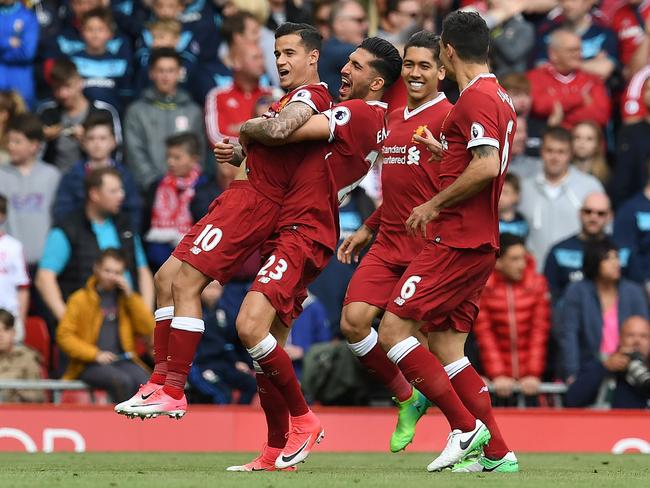 Philippe Coutinho celebrates scoring his team's second goal against Middlesbrough at Anfield in 2017 Picture: Paul Ellis/AFP