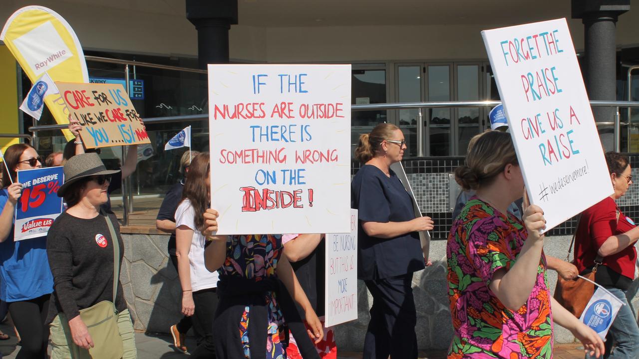 Striking nurses marched the Batemans Bay CBD on Tuesday morning. Picture: Tom McGann.