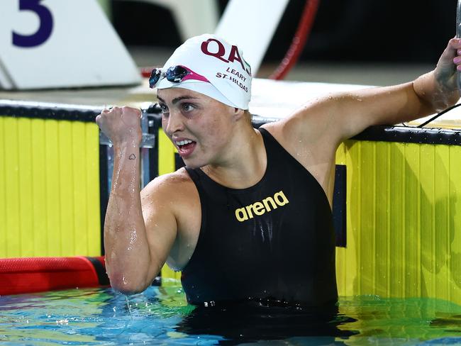 Alexa Leary celebrates winning the women’s 50m Freestyle Final during the 2024 Australian Swimming Trials. Picture: Chris Hyde/Getty Images